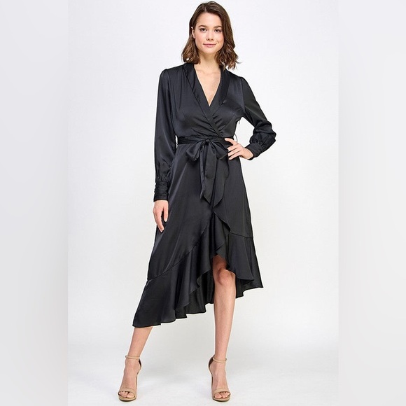 Milk & Honey Dresses & Skirts - Satin Black High-Low Wrap Dress with Tie Waist